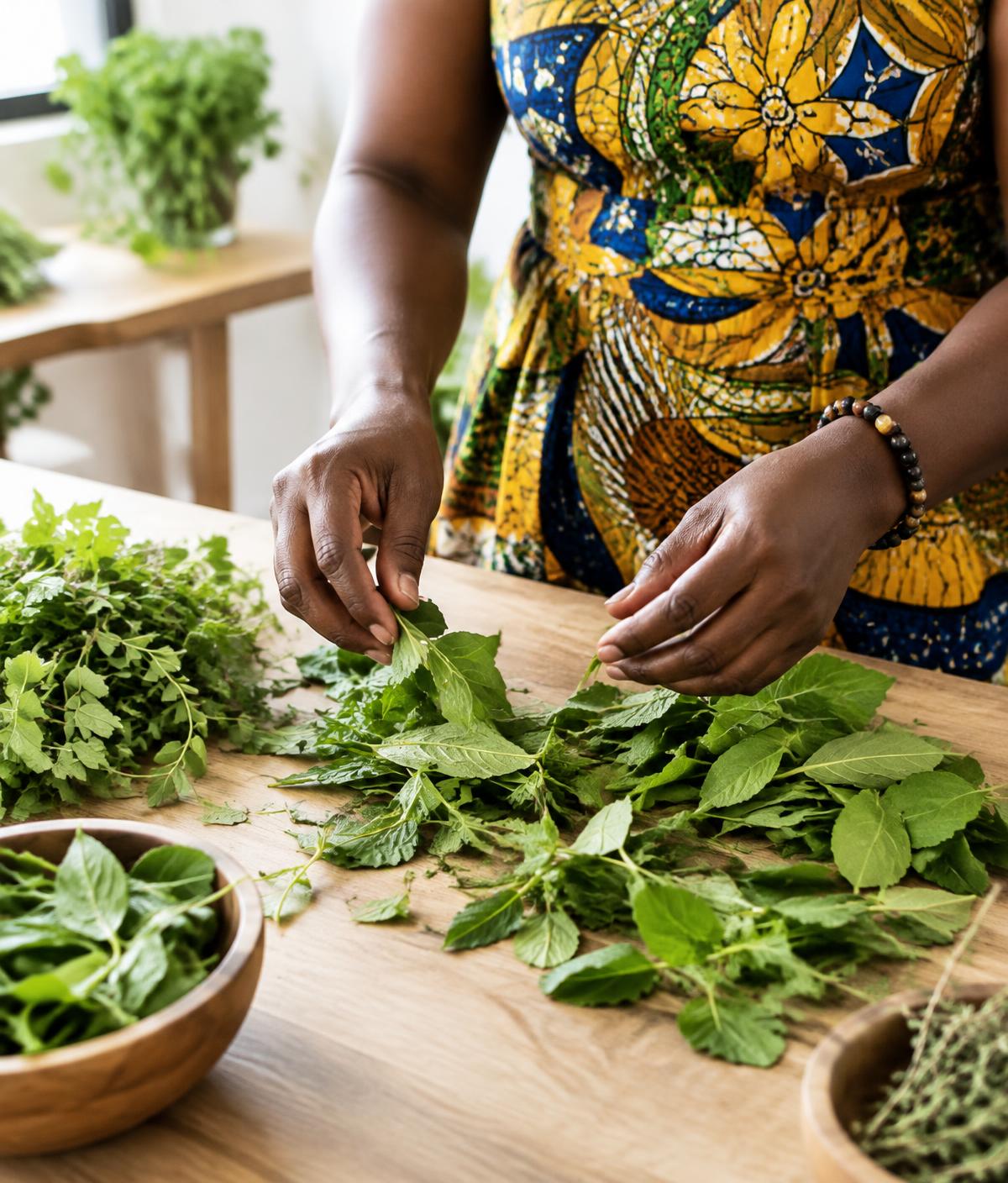 Hands sorting fresh herbs on a wooden table